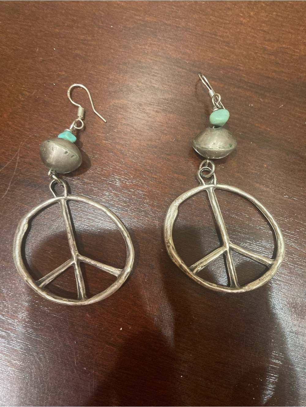 Silver Tone Peace Sign Dangle Earrings with Turquoise Accent - Women Jewelry